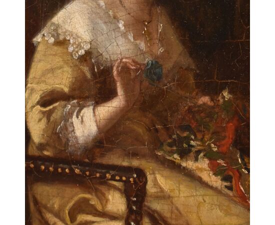 OLD PAINTINGS OF WOMAN SEWING, FEMALE PORTRAITS, OIL ON PANEL, 19TH CENTURY. (QR685)