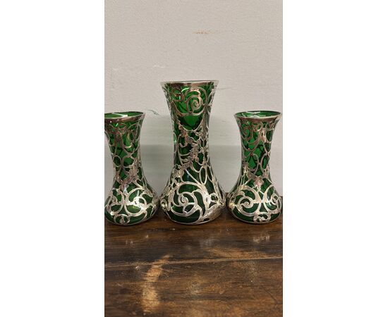 Antico trittico di vasi in vetro e argento art nouveau 1930 Liberty, 20x10cm