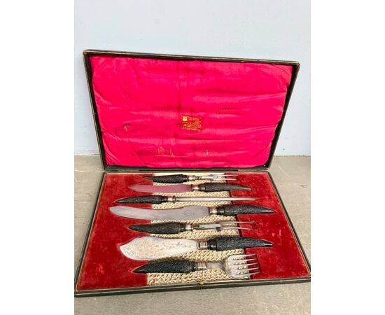 Sheffield silver roast knife set 1890 Harrison Fisher & c. horn handle, 5x30x45cm