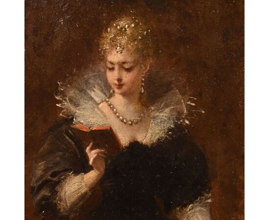 ANTIQUE PAINTINGS OF WOMAN READING, FEMALE PORTRAITS, OIL ON PANEL, NINETEENTH CENTURY (QR684)