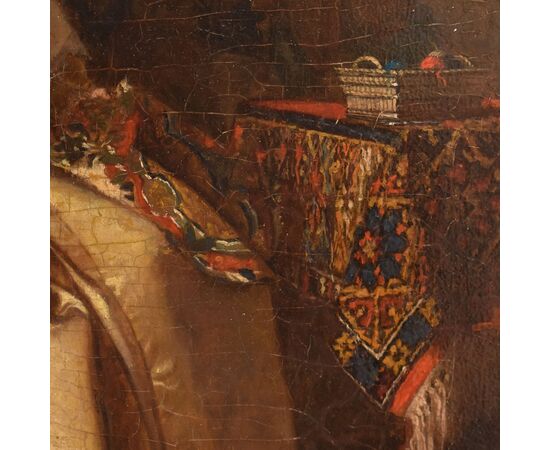 OLD PAINTINGS OF WOMAN SEWING, FEMALE PORTRAITS, OIL ON PANEL, 19TH CENTURY. (QR685)