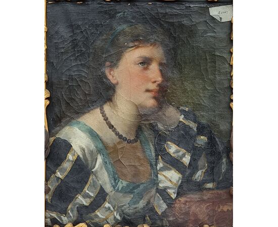 Antonio Zona – Ritratto di giovane donna con cornice scolpita in cirmolo dorato, fine XIX secol