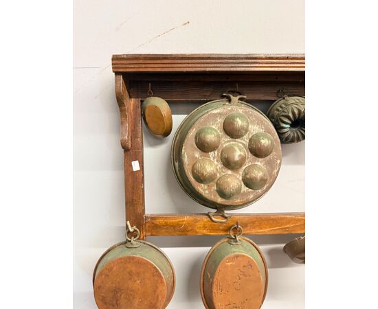 Antique copper pot rack from the early 1900s with antique branches, 93x70cm