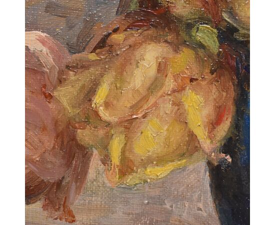 DIPINTI ANTICHI OVALI CON FIORI DI ROSE GIALLE, NATURE MORTE, OLIO SU TELA, PRIMI DEL NOVECENTO. (QF683)