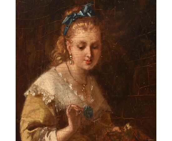 OLD PAINTINGS OF WOMAN SEWING, FEMALE PORTRAITS, OIL ON PANEL, 19TH CENTURY. (QR685)
