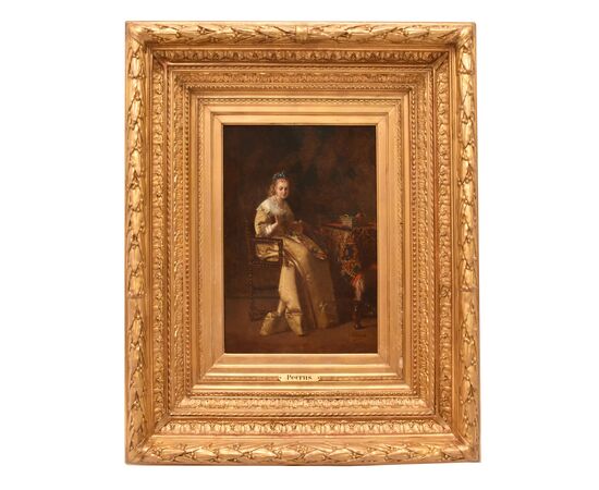OLD PAINTINGS OF WOMAN SEWING, FEMALE PORTRAITS, OIL ON PANEL, 19TH CENTURY. (QR685)