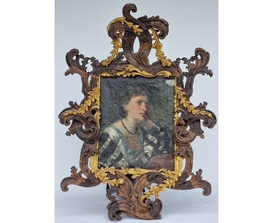 Antonio Zona – Ritratto di giovane donna con cornice scolpita in cirmolo dorato, fine XIX secol
