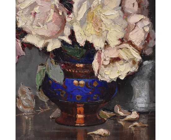 QUADRI ANTICHI, ART DECO, NATURA MORTA CON FIORI DI ROSE BIANCHE, OLIO SU TELA, XX SECOLO. (QF664)