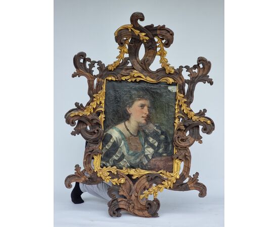 Antonio Zona – Ritratto di giovane donna con cornice scolpita in cirmolo dorato, fine XIX secol