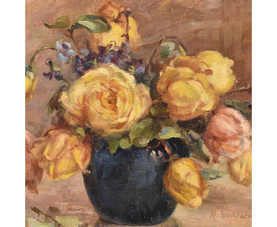 DIPINTI ANTICHI OVALI CON FIORI DI ROSE GIALLE, NATURE MORTE, OLIO SU TELA, PRIMI DEL NOVECENTO. (QF683)