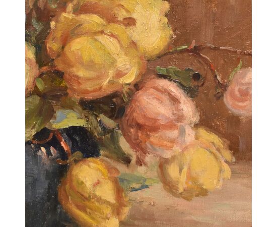 DIPINTI ANTICHI OVALI CON FIORI DI ROSE GIALLE, NATURE MORTE, OLIO SU TELA, PRIMI DEL NOVECENTO. (QF683)