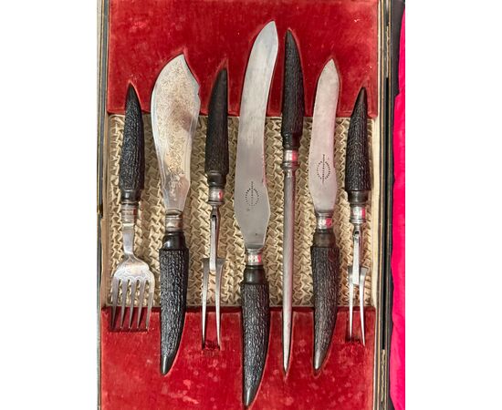 Sheffield silver roast knife set 1890 Harrison Fisher & c. horn handle, 5x30x45cm
