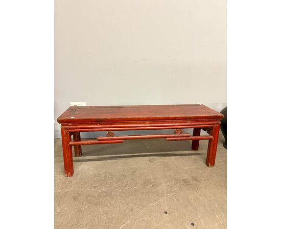 Antique Chinese red lacquered bench from the 1900s, 42x108x32cm