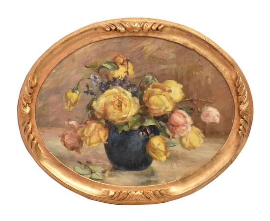 DIPINTI ANTICHI OVALI CON FIORI DI ROSE GIALLE, NATURE MORTE, OLIO SU TELA, PRIMI DEL NOVECENTO. (QF683)