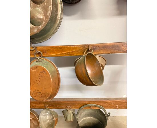Antique copper pot rack from the early 1900s with antique branches, 93x70cm