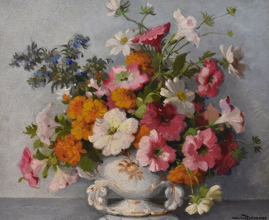 QUADRI ANTICHI, ART DECO, NATURA MORTA CON FIORI DI MARGHERITE E PETUNIE, TELA, XX SECOLO. (QF686)
