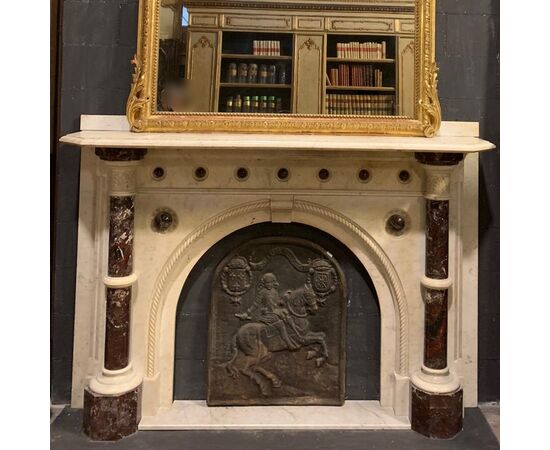 CHM714 - Carrara marble fireplace with Levanto Red marble inlays, 19th century, dimensions cm W 182 x H 130 x D 40