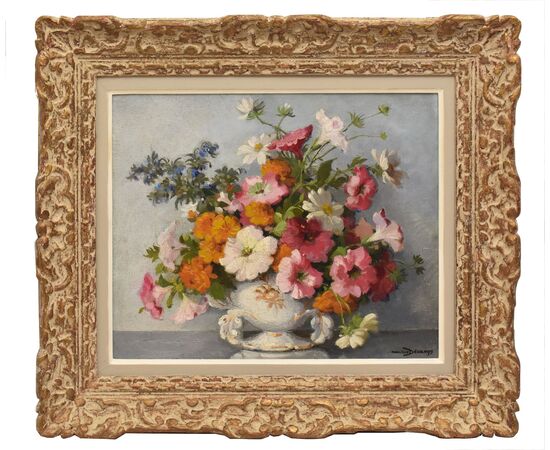 QUADRI ANTICHI, ART DECO, NATURA MORTA CON FIORI DI MARGHERITE E PETUNIE, TELA, XX SECOLO. (QF686)