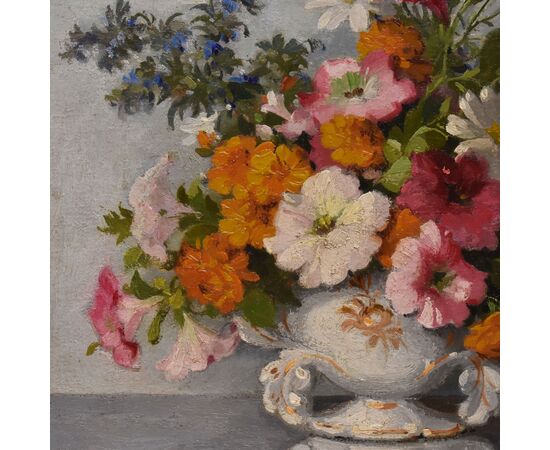 QUADRI ANTICHI, ART DECO, NATURA MORTA CON FIORI DI MARGHERITE E PETUNIE, TELA, XX SECOLO. (QF686)