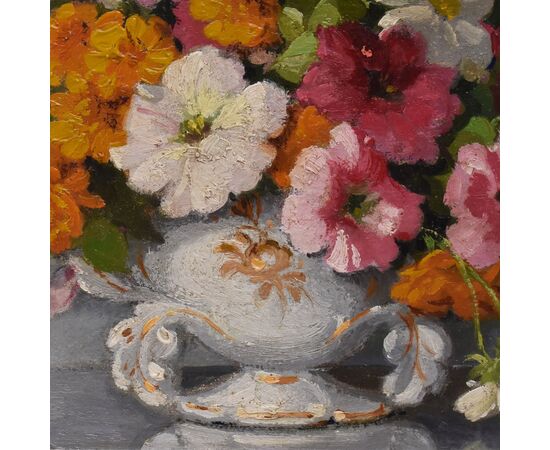QUADRI ANTICHI, ART DECO, NATURA MORTA CON FIORI DI MARGHERITE E PETUNIE, TELA, XX SECOLO. (QF686)