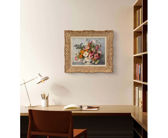 QUADRI ANTICHI, ART DECO, NATURA MORTA CON FIORI DI MARGHERITE E PETUNIE, TELA, XX SECOLO. (QF686)