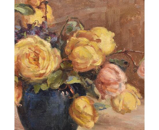 DIPINTI ANTICHI OVALI CON FIORI DI ROSE GIALLE, NATURE MORTE, OLIO SU TELA, PRIMI DEL NOVECENTO. (QF683)