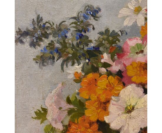 QUADRI ANTICHI, ART DECO, NATURA MORTA CON FIORI DI MARGHERITE E PETUNIE, TELA, XX SECOLO. (QF686)