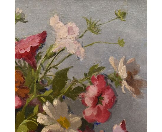 QUADRI ANTICHI, ART DECO, NATURA MORTA CON FIORI DI MARGHERITE E PETUNIE, TELA, XX SECOLO. (QF686)