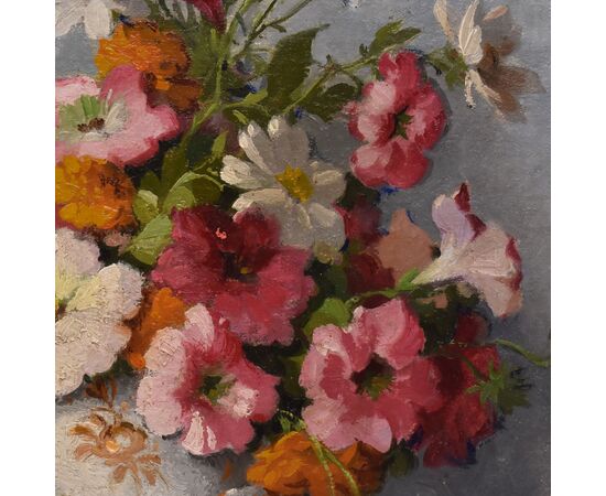 QUADRI ANTICHI, ART DECO, NATURA MORTA CON FIORI DI MARGHERITE E PETUNIE, TELA, XX SECOLO. (QF686)