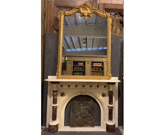 CHM714 - Carrara marble fireplace with Levanto Red marble inlays, 19th century, dimensions cm W 182 x H 130 x D 40