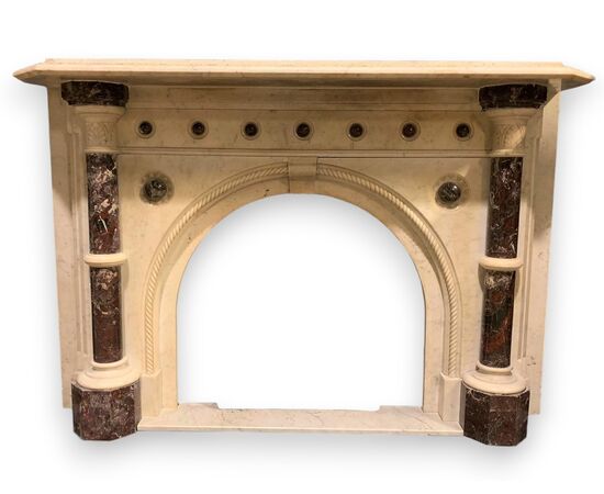 CHM714 - Carrara marble fireplace with Levanto Red marble inlays, 19th century, dimensions cm W 182 x H 130 x D 40