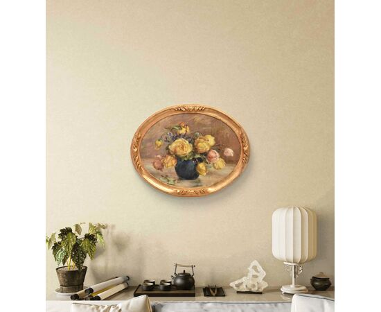 DIPINTI ANTICHI OVALI CON FIORI DI ROSE GIALLE, NATURE MORTE, OLIO SU TELA, PRIMI DEL NOVECENTO. (QF683)