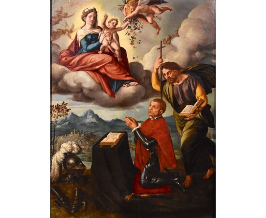 Madonna with Child, Saint James and the donor, Ippolito Scarsella, known as Lo Scarsellino (Ferrara 1550 - 1620) workshop