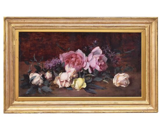 QUADRI ANTICHI, NATURA MORTA CON FIORI DI ROSE ROSA E BIANCHE RECISE, OLIO SU TELA, DELL 800. (QF687)