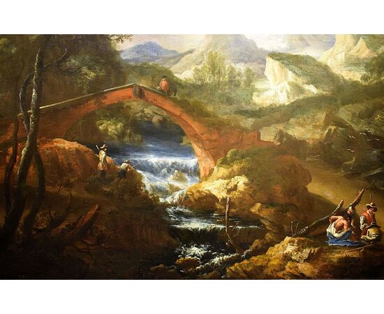 Paesaggio con rovine, ponte, torrente e pescatori