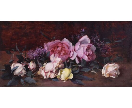 QUADRI ANTICHI, NATURA MORTA CON FIORI DI ROSE ROSA E BIANCHE RECISE, OLIO SU TELA, DELL 800. (QF687)
