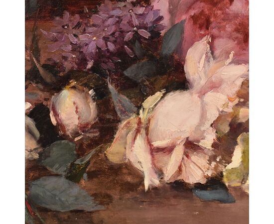 QUADRI ANTICHI, NATURA MORTA CON FIORI DI ROSE ROSA E BIANCHE RECISE, OLIO SU TELA, DELL 800. (QF687)