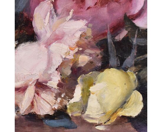 QUADRI ANTICHI, NATURA MORTA CON FIORI DI ROSE ROSA E BIANCHE RECISE, OLIO SU TELA, DELL 800. (QF687)