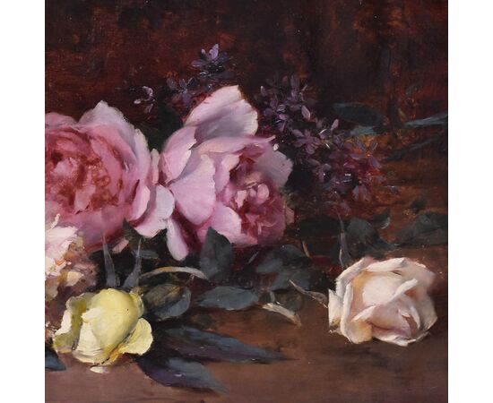 QUADRI ANTICHI, NATURA MORTA CON FIORI DI ROSE ROSA E BIANCHE RECISE, OLIO SU TELA, DELL 800. (QF687)