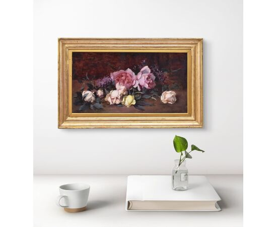 QUADRI ANTICHI, NATURA MORTA CON FIORI DI ROSE ROSA E BIANCHE RECISE, OLIO SU TELA, DELL 800. (QF687)