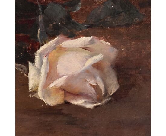 QUADRI ANTICHI, NATURA MORTA CON FIORI DI ROSE ROSA E BIANCHE RECISE, OLIO SU TELA, DELL 800. (QF687)
