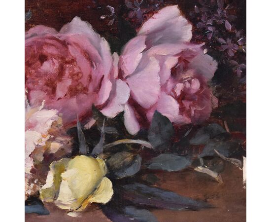 QUADRI ANTICHI, NATURA MORTA CON FIORI DI ROSE ROSA E BIANCHE RECISE, OLIO SU TELA, DELL 800. (QF687)