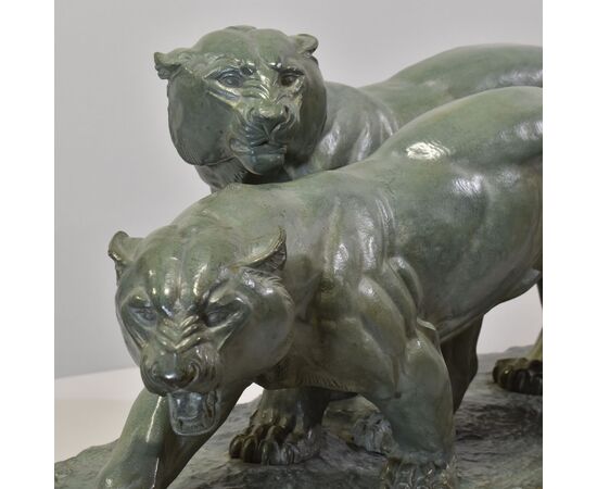 ANTICHE SCULTURE IN BRONZO, DUE PANTERE, IRENEE ROCHARD, ART DECO, XX SECOLO. (STB102)