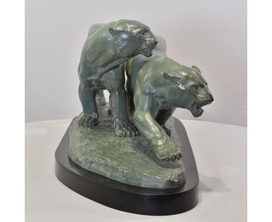 ANTICHE SCULTURE IN BRONZO, DUE PANTERE, IRENEE ROCHARD, ART DECO, XX SECOLO. (STB102)