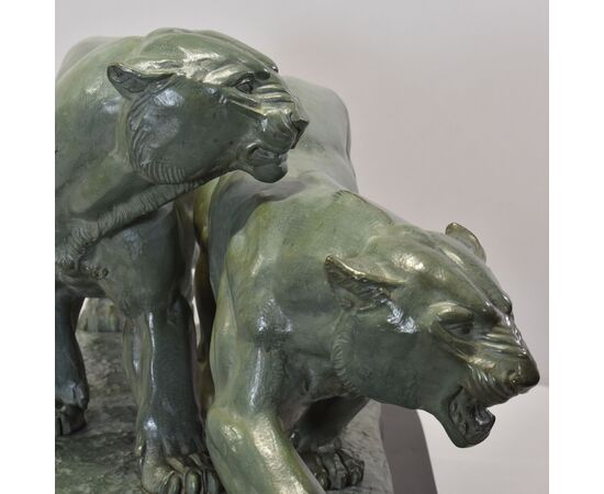 ANTICHE SCULTURE IN BRONZO, DUE PANTERE, IRENEE ROCHARD, ART DECO, XX SECOLO. (STB102)