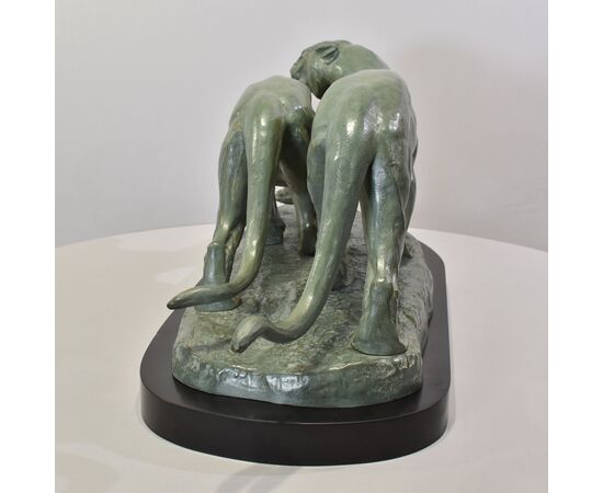 ANTICHE SCULTURE IN BRONZO, DUE PANTERE, IRENEE ROCHARD, ART DECO, XX SECOLO. (STB102)