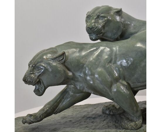 ANTICHE SCULTURE IN BRONZO, DUE PANTERE, IRENEE ROCHARD, ART DECO, XX SECOLO. (STB102)