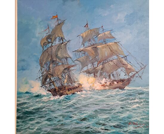 Norberto Martini, Battaglia in alto mare, olio su tela