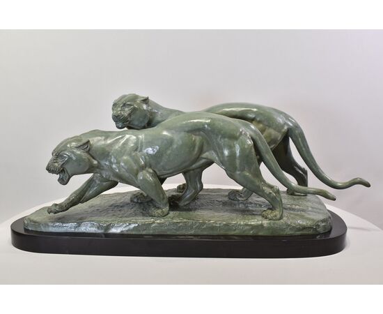 ANTICHE SCULTURE IN BRONZO, DUE PANTERE, IRENEE ROCHARD, ART DECO, XX SECOLO. (STB102)