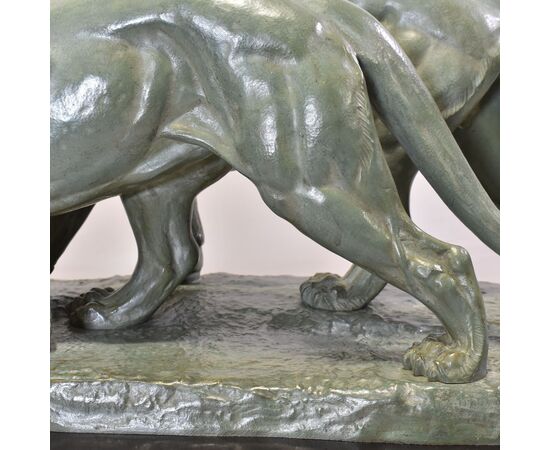 ANTICHE SCULTURE IN BRONZO, DUE PANTERE, IRENEE ROCHARD, ART DECO, XX SECOLO. (STB102)